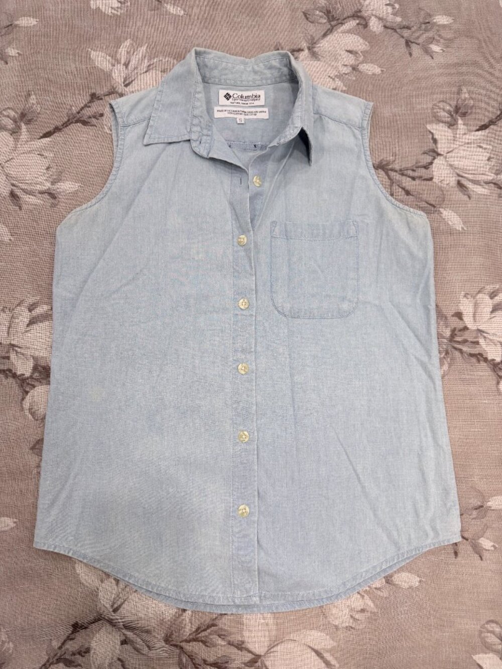 Columbia Sportswear S Light Blue Chambray Sleeveless Button Down Shirt - Picture 13 of 13